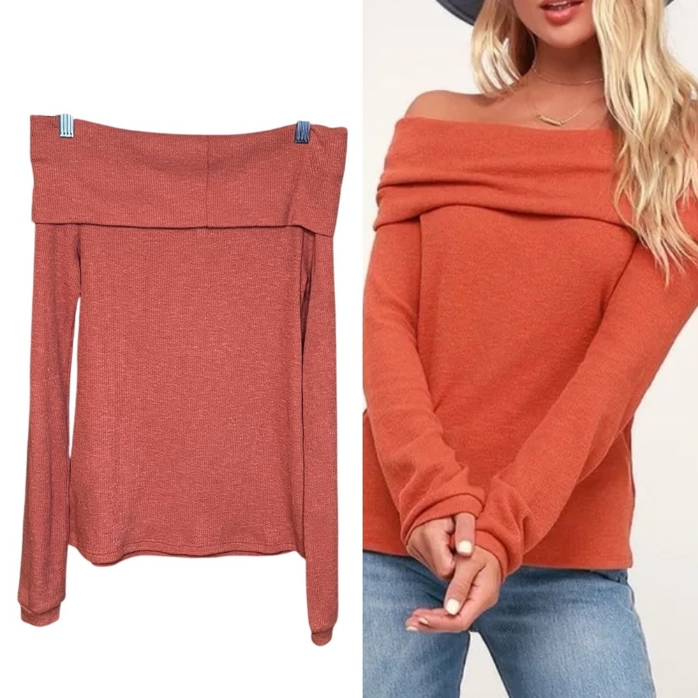 Lulus Basic Austra Orange Pink Off the Shoulder Knit Sweater Top XS Long Sleeve